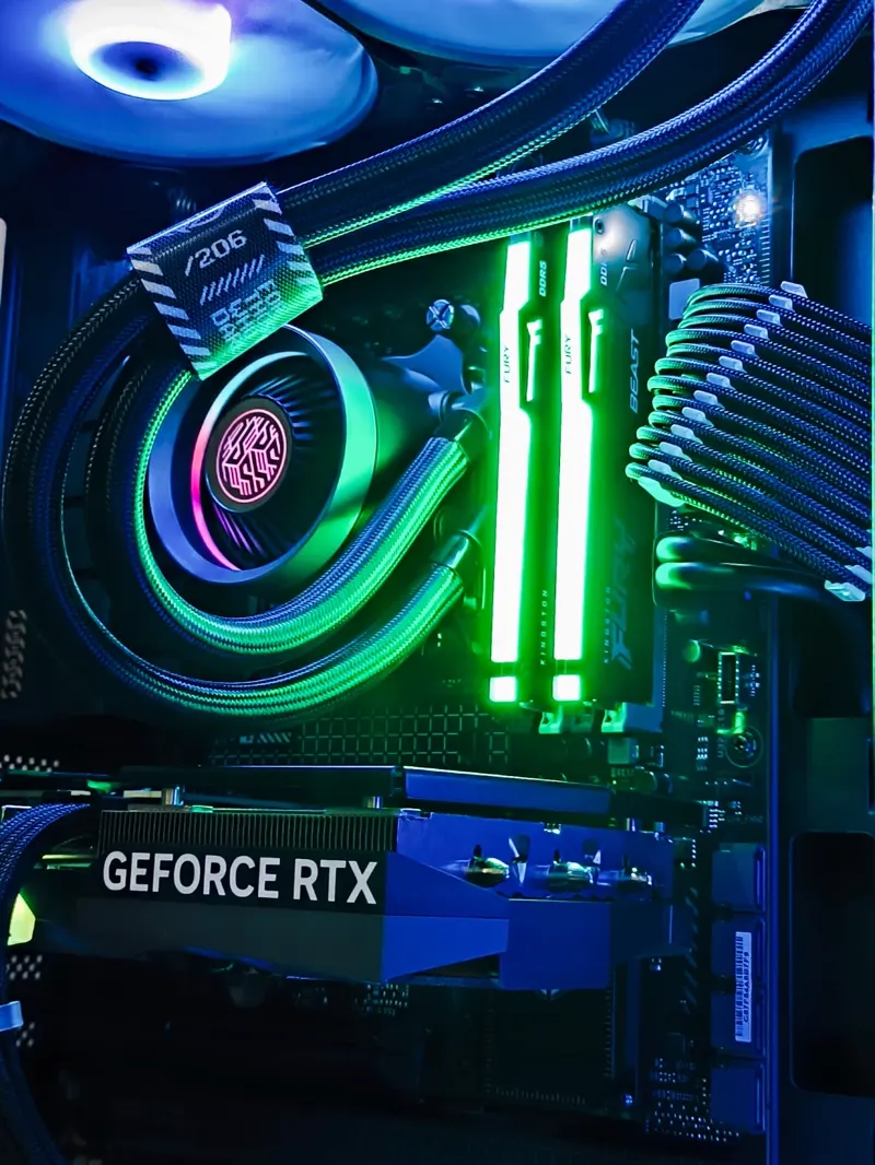 Detalhe interno de PC com GeForce RTX, memórias RGB e cabos sleeved montado pela Gear UP